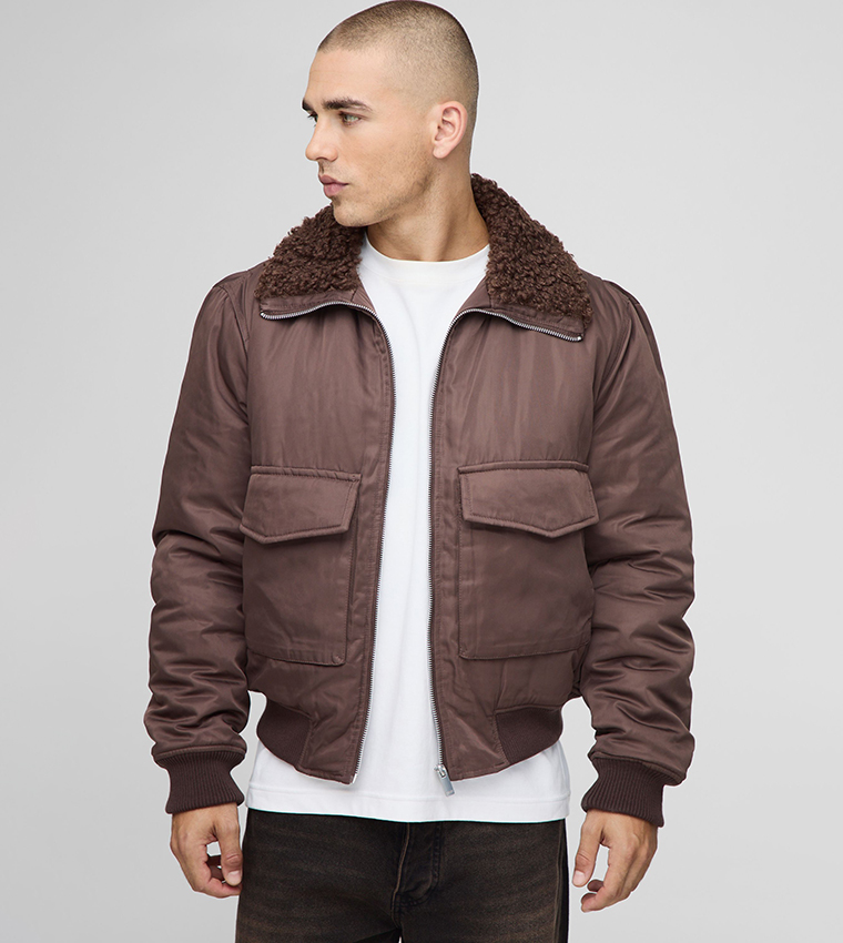 Buy BoohooMAN Regular Fit Boucle Borg Collar Nylon Bomber Jacket