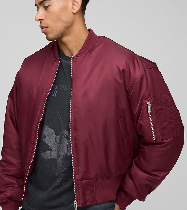 Oversized Boxy Curved Hem Nylon Bomber Jacket