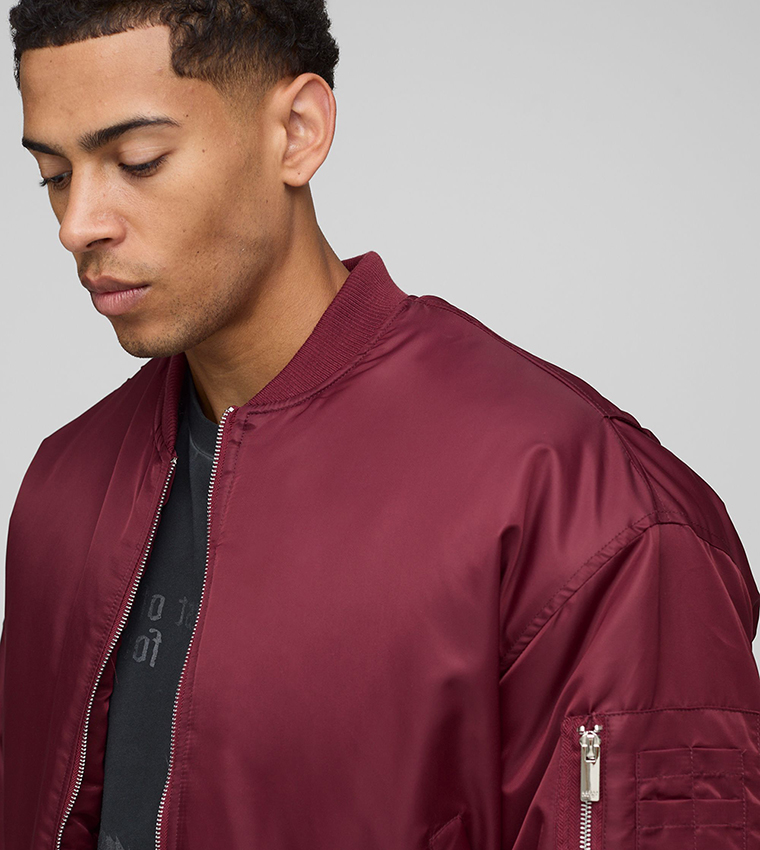 Oversized Boxy Curved Hem Nylon Bomber Jacket