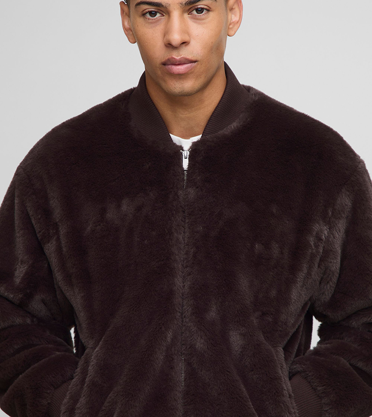 Buy BoohooMAN Regular Fit Faux Fur Bomber Jacket In CHOCOLATE