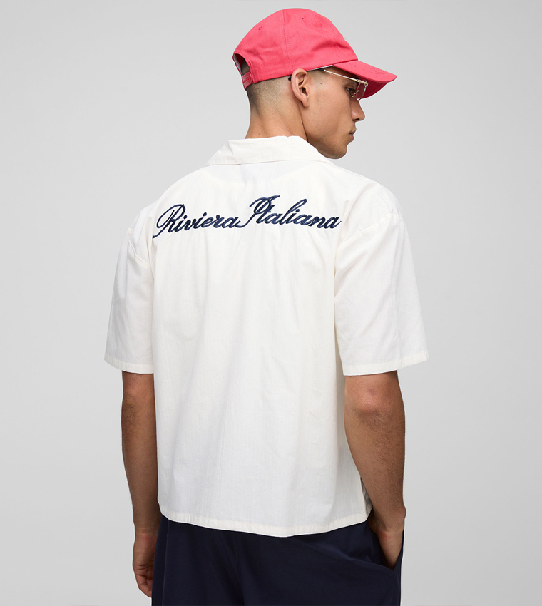 Stripe Via Della Spiga Embroidered Revere Oversized Shirt
