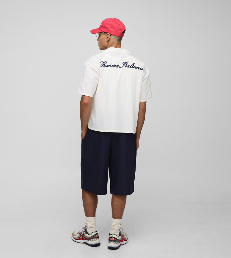 Stripe Via Della Spiga Embroidered Revere Oversized Shirt