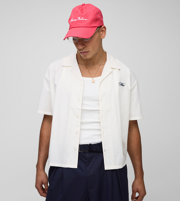 Stripe Via Della Spiga Embroidered Revere Oversized Shirt