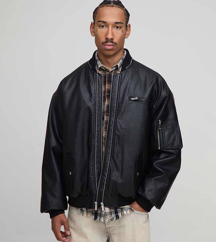 Zip Panel Detail PU Oversized Bomber Jacket