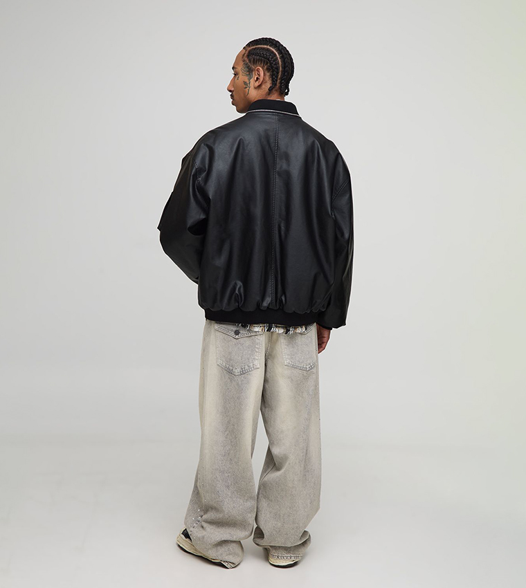 Zip Panel Detail PU Oversized Bomber Jacket