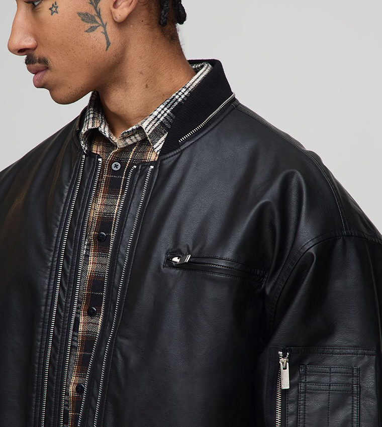 Zip Panel Detail PU Oversized Bomber Jacket
