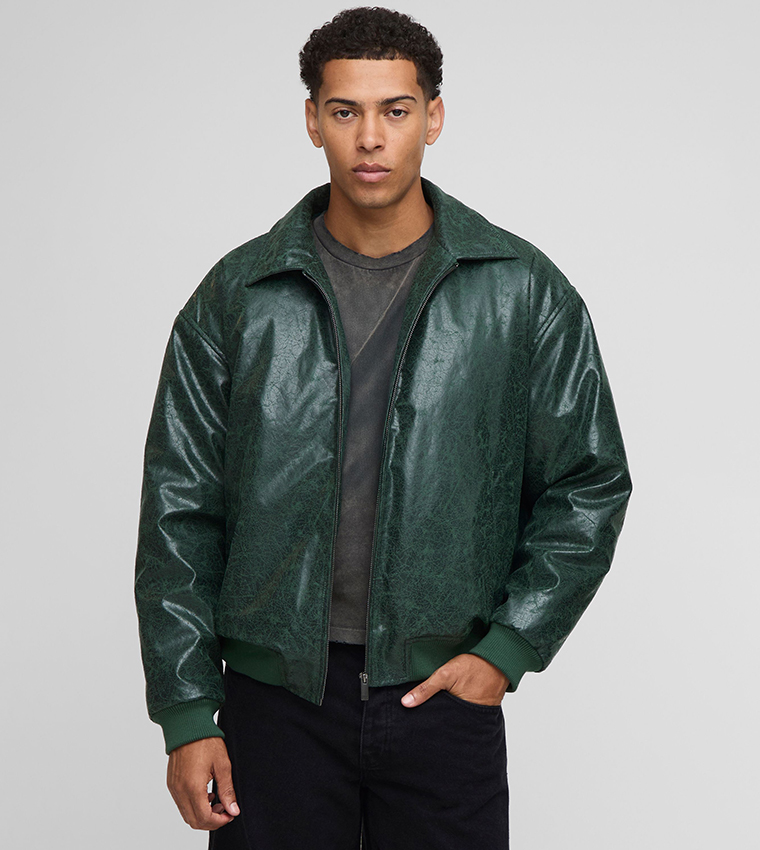 Oversized Creased PU Collared Bomber Jacket