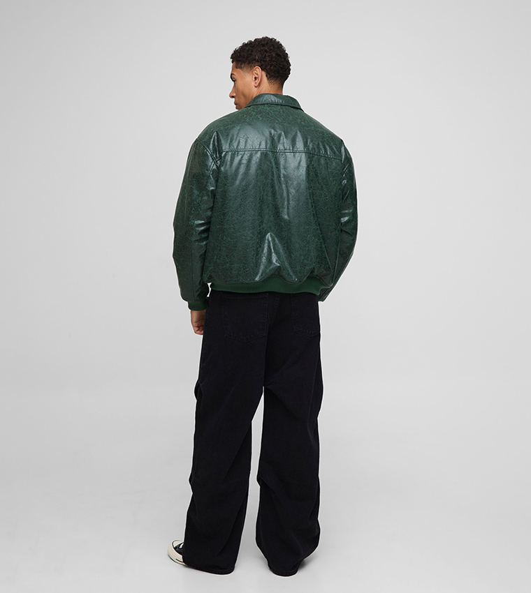 Oversized Creased PU Collared Bomber Jacket