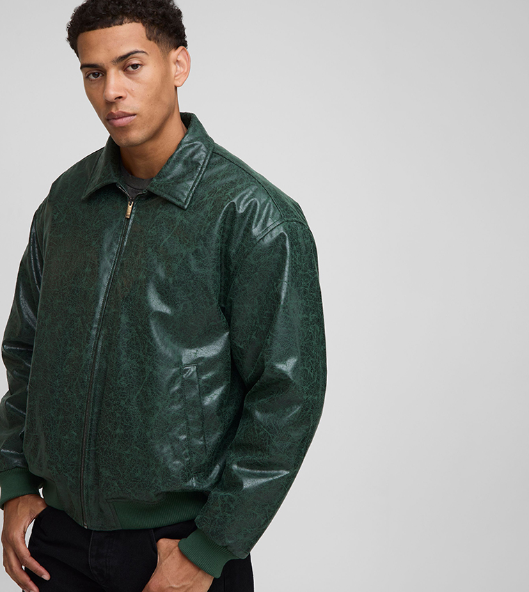Oversized Creased PU Collared Bomber Jacket