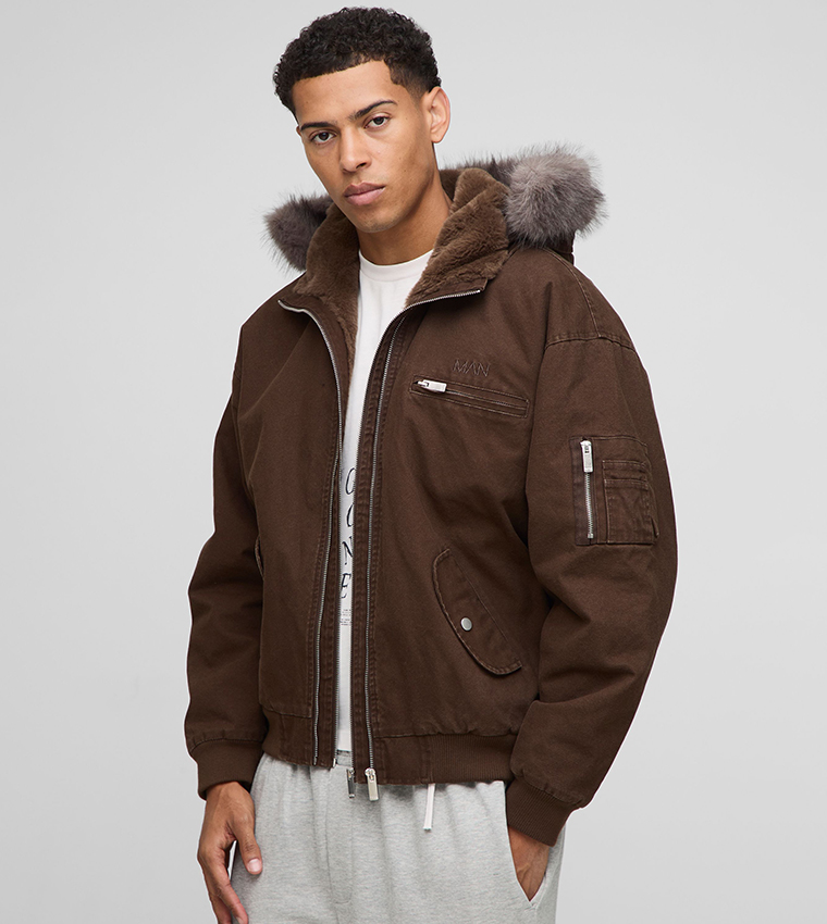 Buy BoohooMAN Oversized Boxy Zip Detail Faux Fur Hooded Twill