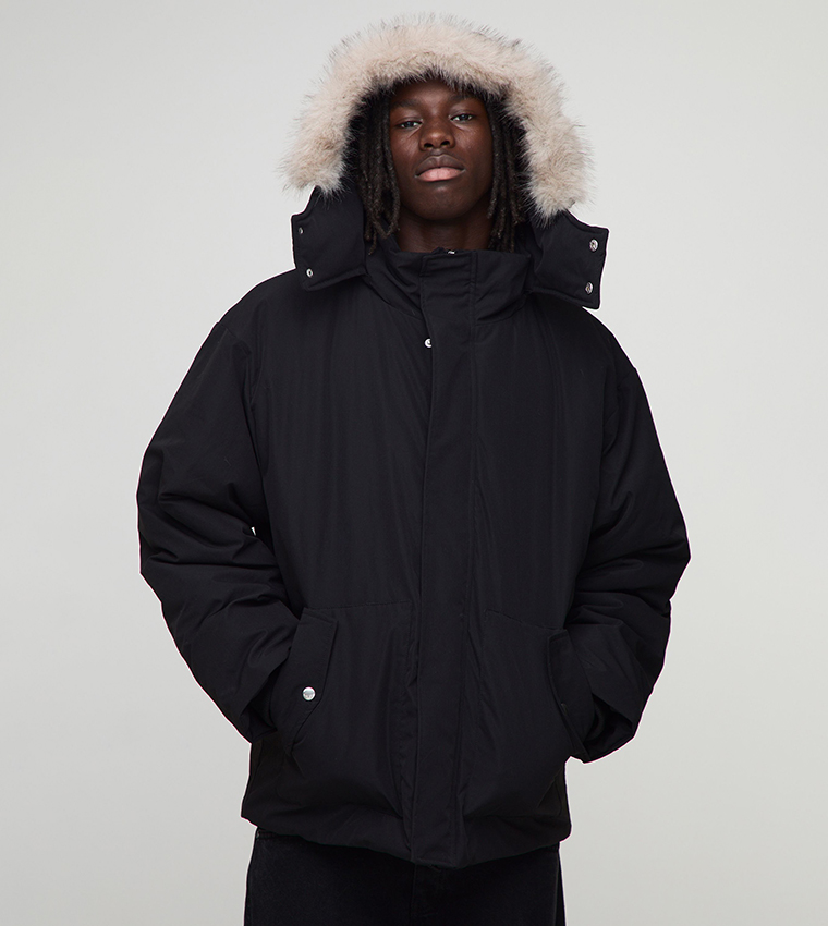 Faux Fur Trim Hooded Funnel Oversized Parka Jacket