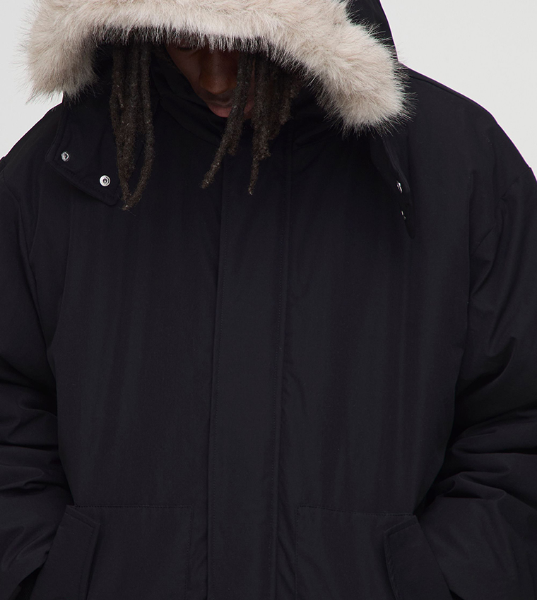 Faux Fur Trim Hooded Funnel Oversized Parka Jacket