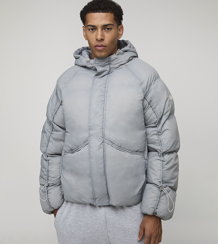 Ruched Sleeves Panelled Oversized Puffer Jacket