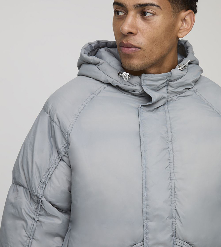 Ruched Sleeves Panelled Oversized Puffer Jacket