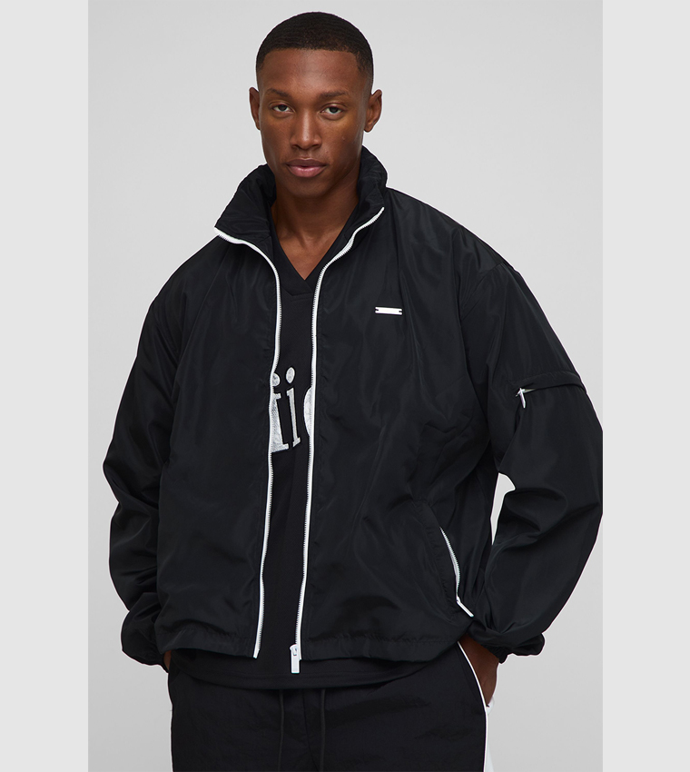 Regular Fit Lightweight Nylon Funnel Neck Hooded Windbreaker Jacket