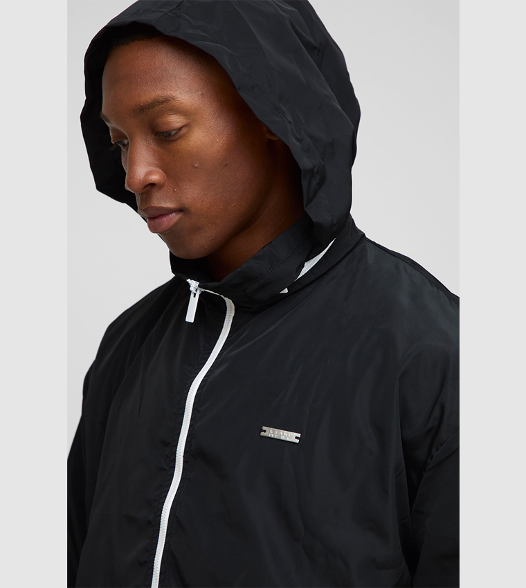 Regular Fit Lightweight Nylon Funnel Neck Hooded Windbreaker Jacket