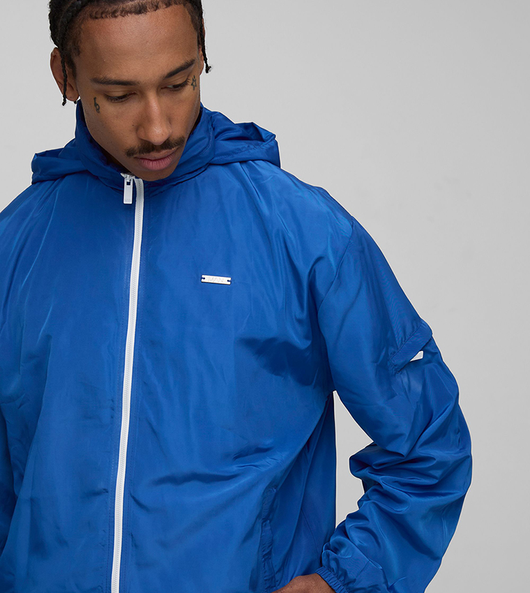 Regular Fit Nylon Funnel Neck Hooded Windbreaker Jacket