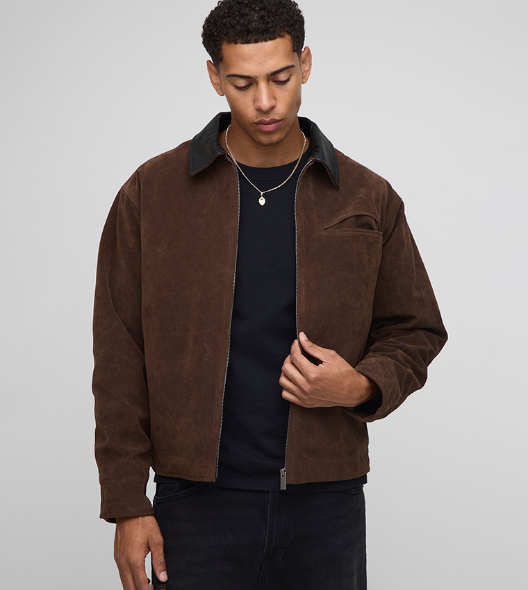Boxy Contrast Collar Faux Suede Oversized Harrington Jacket
