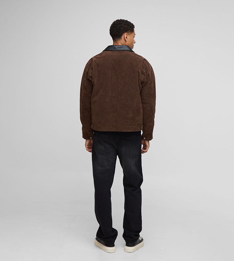 Boxy Contrast Collar Faux Suede Oversized Harrington Jacket