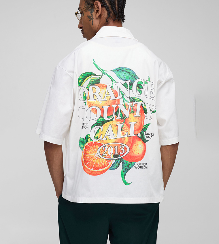 Orange Printed Revere Collar Oversized Shirt