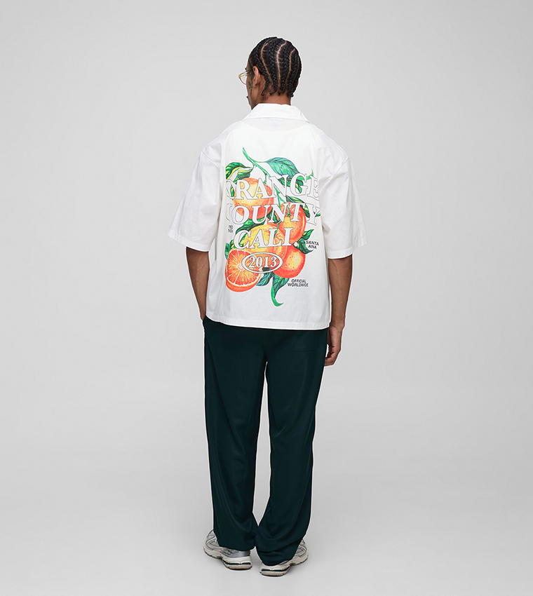 Orange Printed Revere Collar Oversized Shirt
