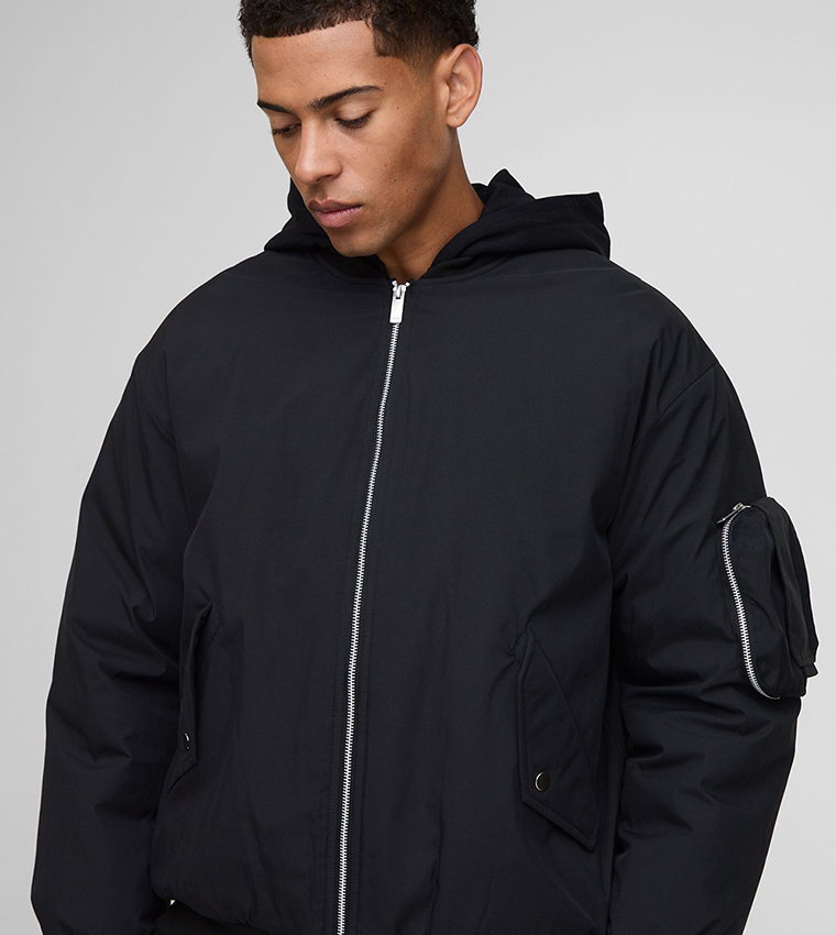 PU Applique Nylon Hooded Oversized Bomber Jacket