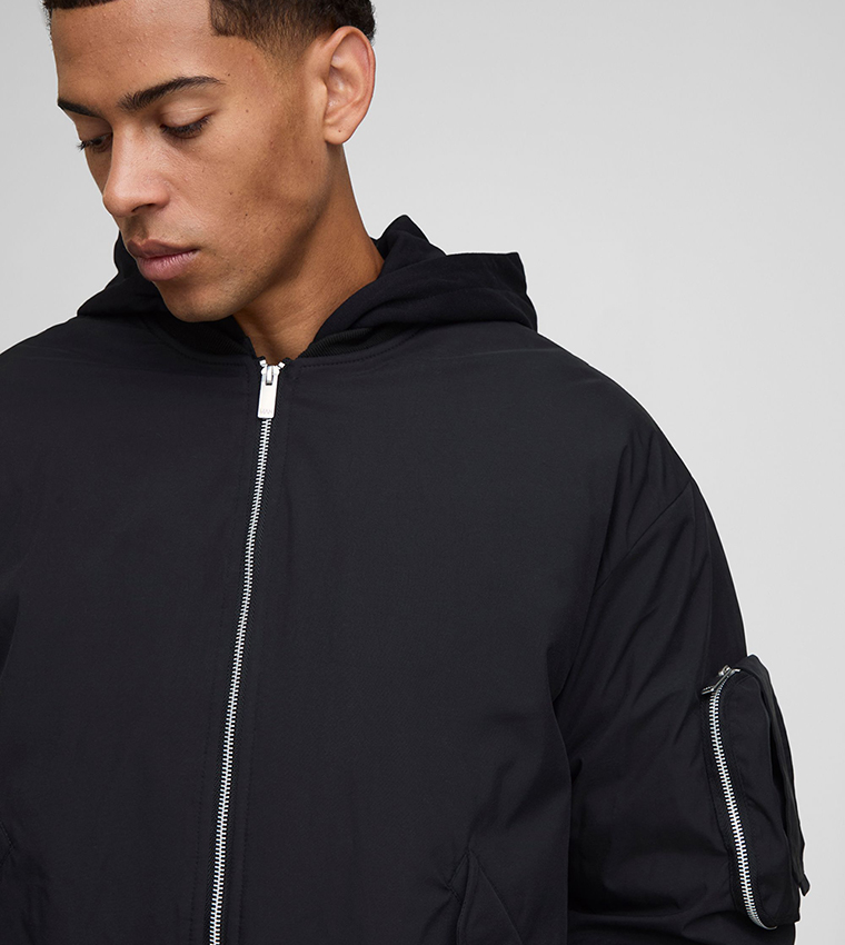 PU Applique Nylon Hooded Oversized Bomber Jacket