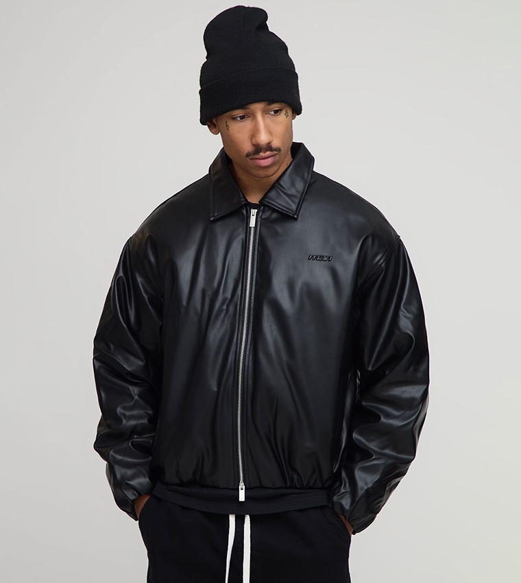 Padded PU Fold Collar Oversized Bomber Jacket