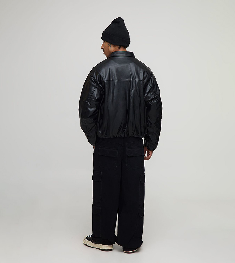 Padded PU Fold Collar Oversized Bomber Jacket
