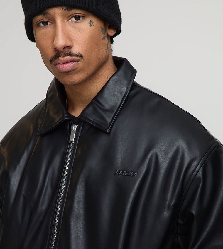 Padded PU Fold Collar Oversized Bomber Jacket