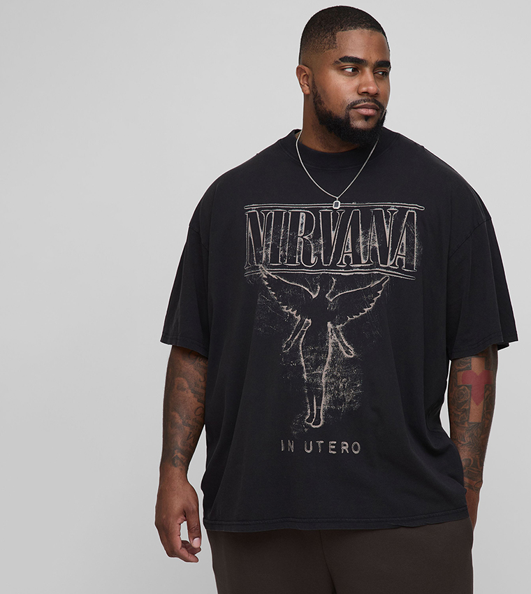 Plus & Tall Nirvana License Acid Wash Print Oversized T-Shirt