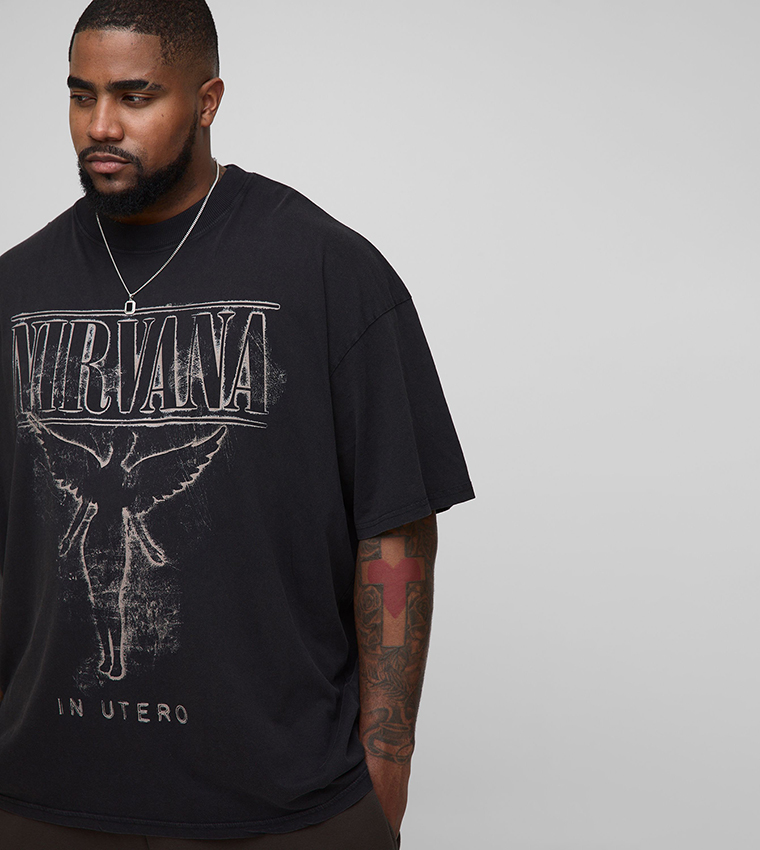 Plus & Tall Nirvana License Acid Wash Print Oversized T-Shirt