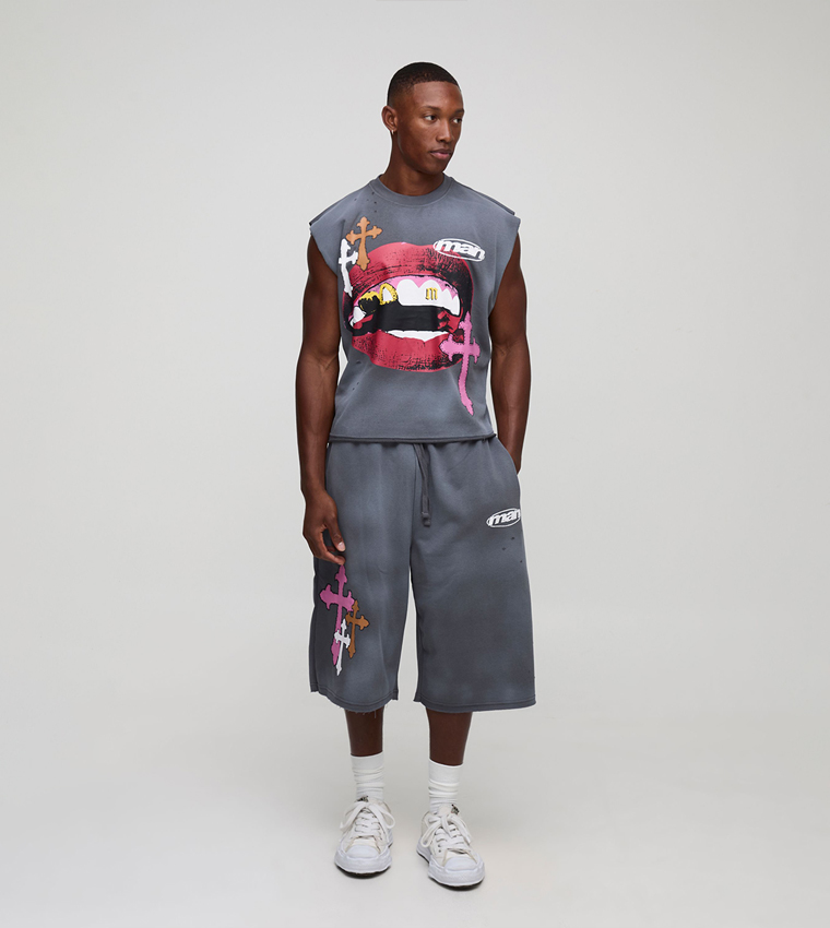 Graphic Printed Distressed Oversized Tank Top & Jorts Set