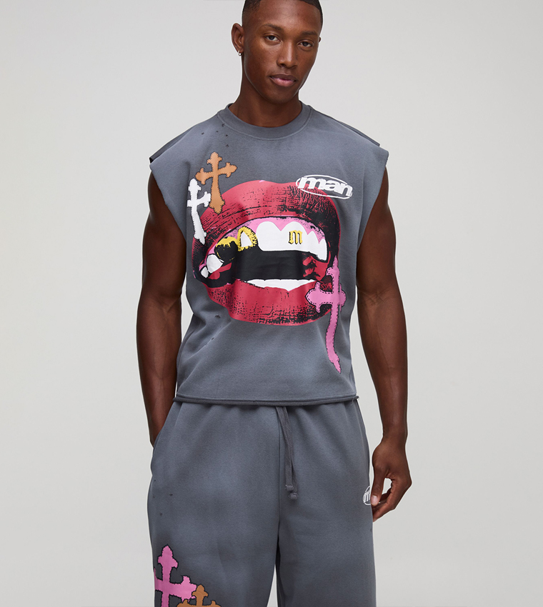 Graphic Printed Distressed Oversized Tank Top & Jorts Set