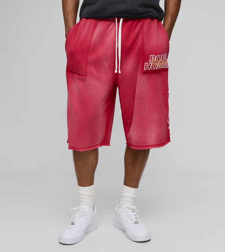 Relaxed Flame Graphic Washed Distressed Shorts