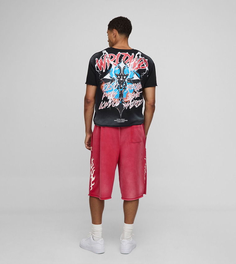 Relaxed Flame Graphic Washed Distressed Shorts