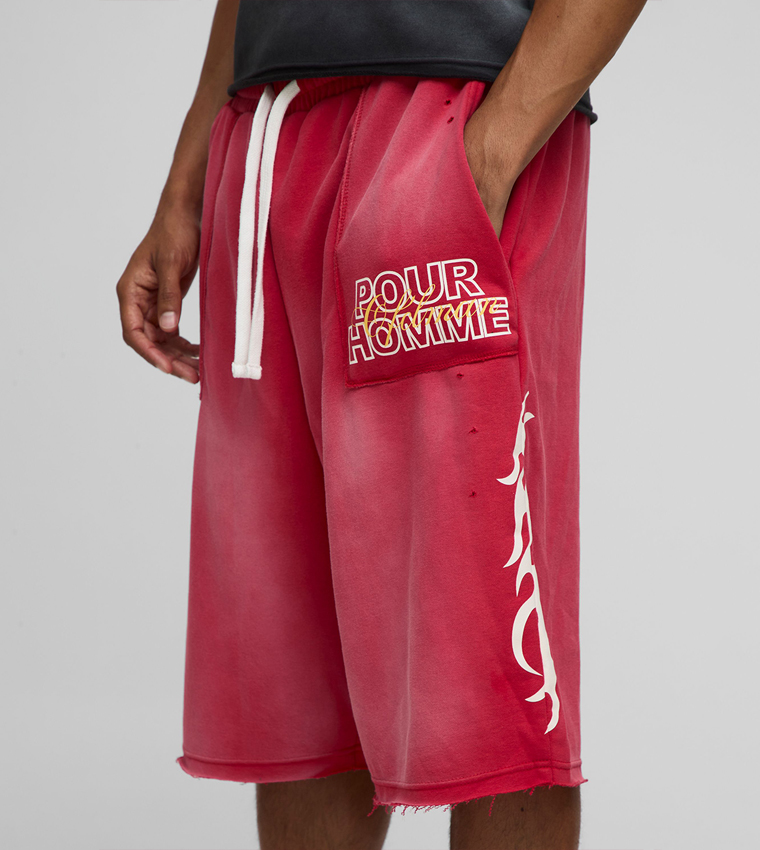 Relaxed Flame Graphic Washed Distressed Shorts