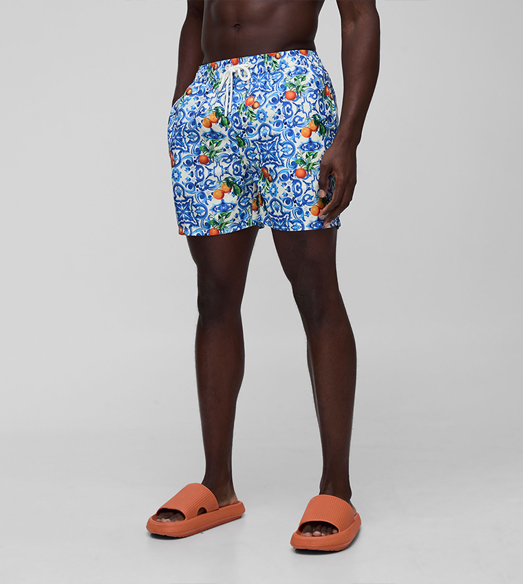 Orange Tile Printed Mid Length Swim Shorts
