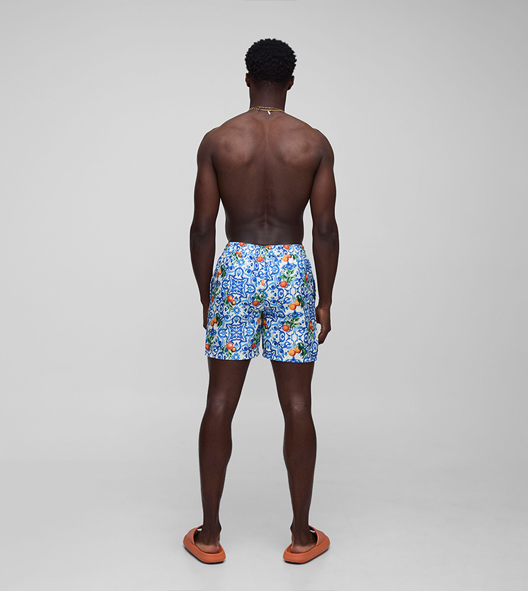 Orange Tile Printed Mid Length Swim Shorts