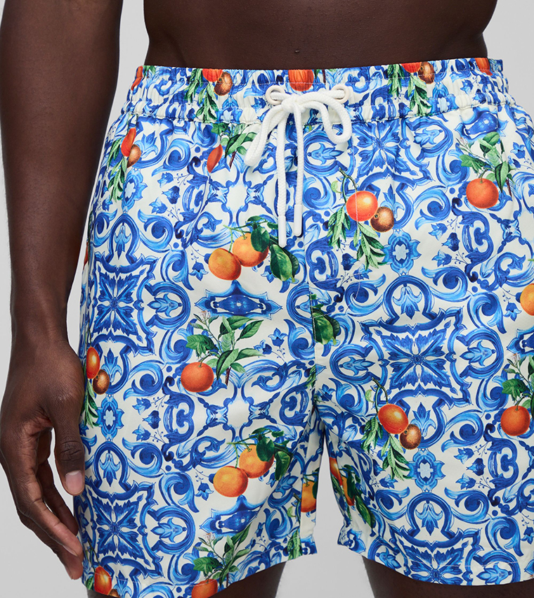 Orange Tile Printed Mid Length Swim Shorts