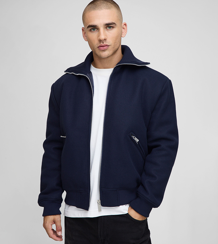 Regular Fit Knitted Collar Zip-Through Bomber Jacket