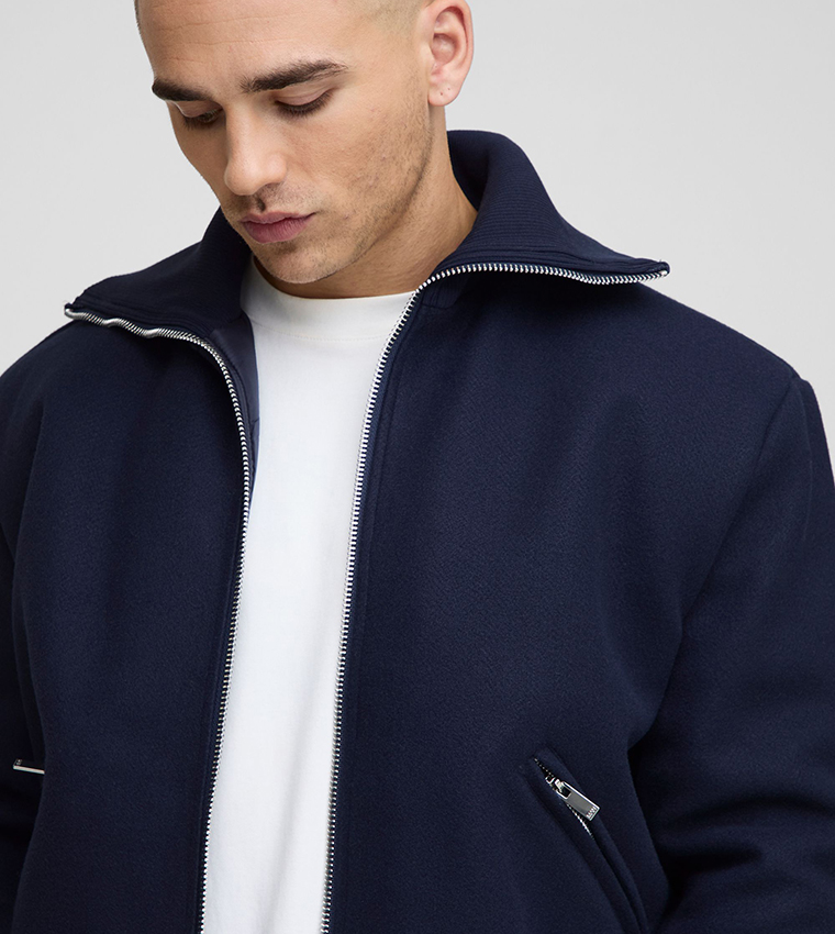 Regular Fit Knitted Collar Zip-Through Bomber Jacket