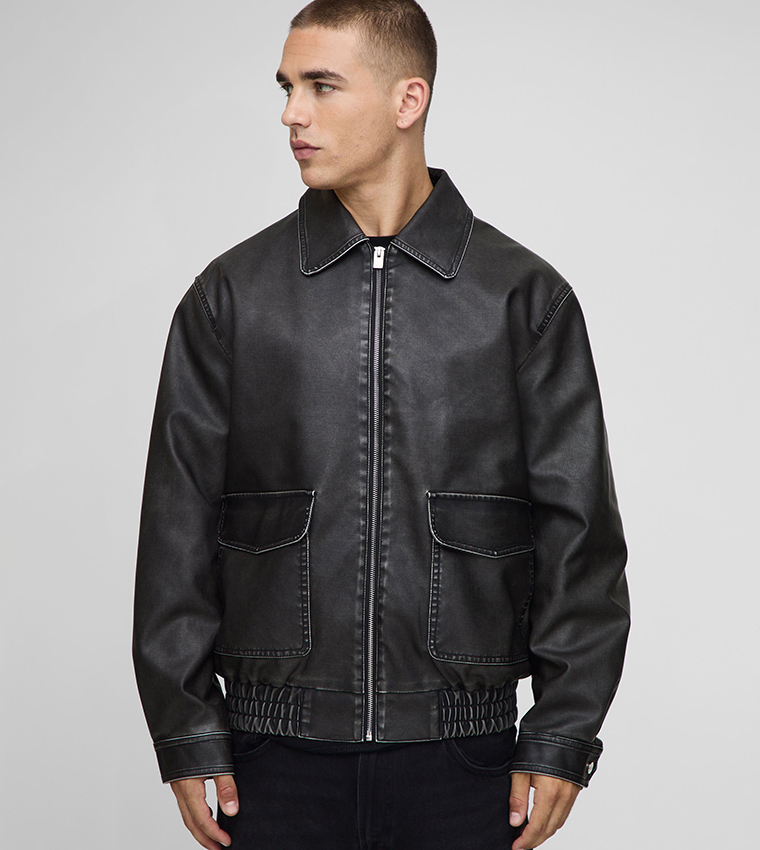 Washed PU Pocket Detail Collared Oversized Bomber Jacket