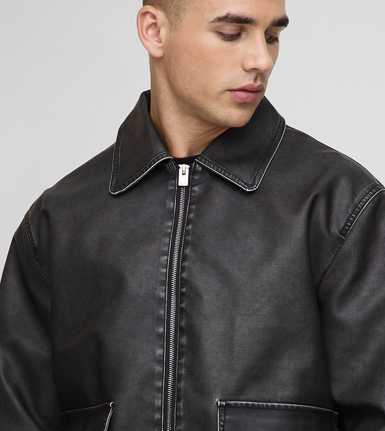 Washed PU Pocket Detail Collared Oversized Bomber Jacket