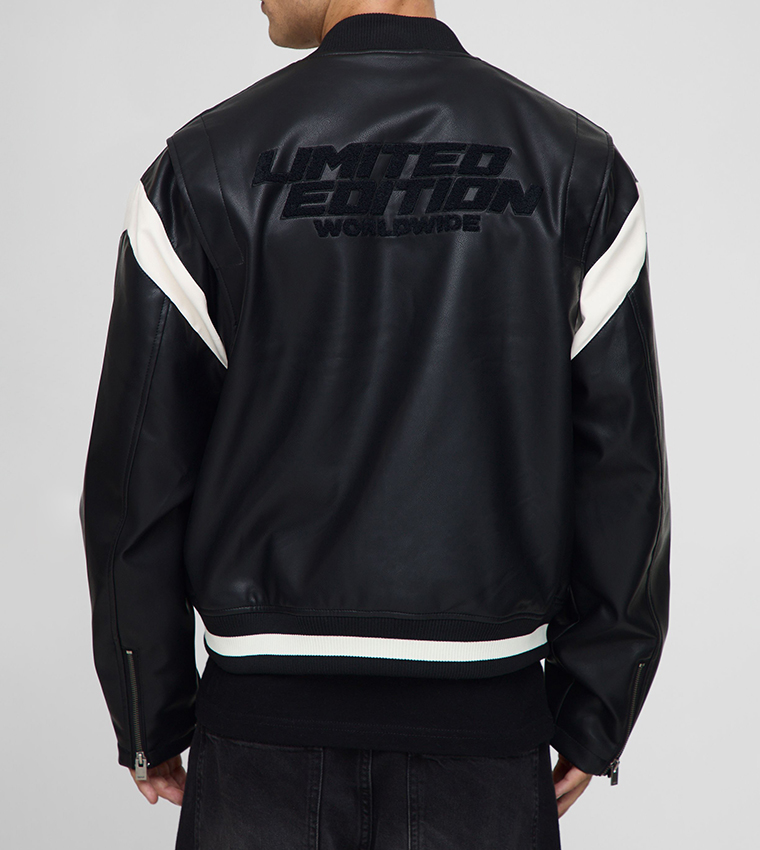Regular Fit Moto Panel Detail Applique PU Bomber Jacket