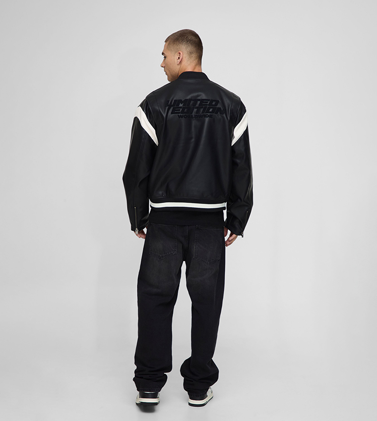 Regular Fit Moto Panel Detail Applique PU Bomber Jacket