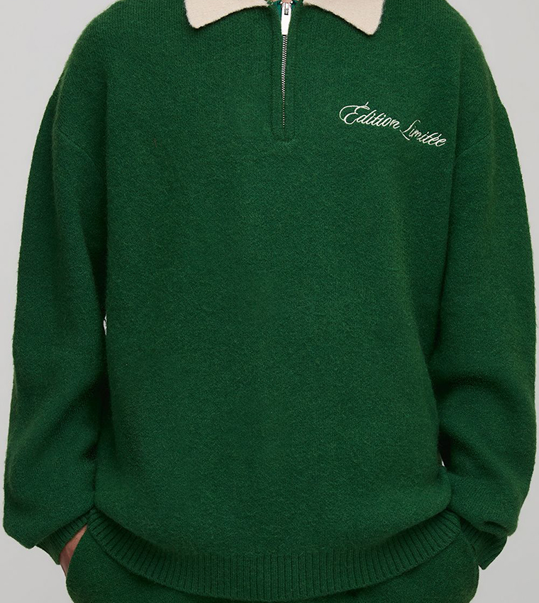 Varsity Applique Embroidered Oversized Polo Neck Sweater