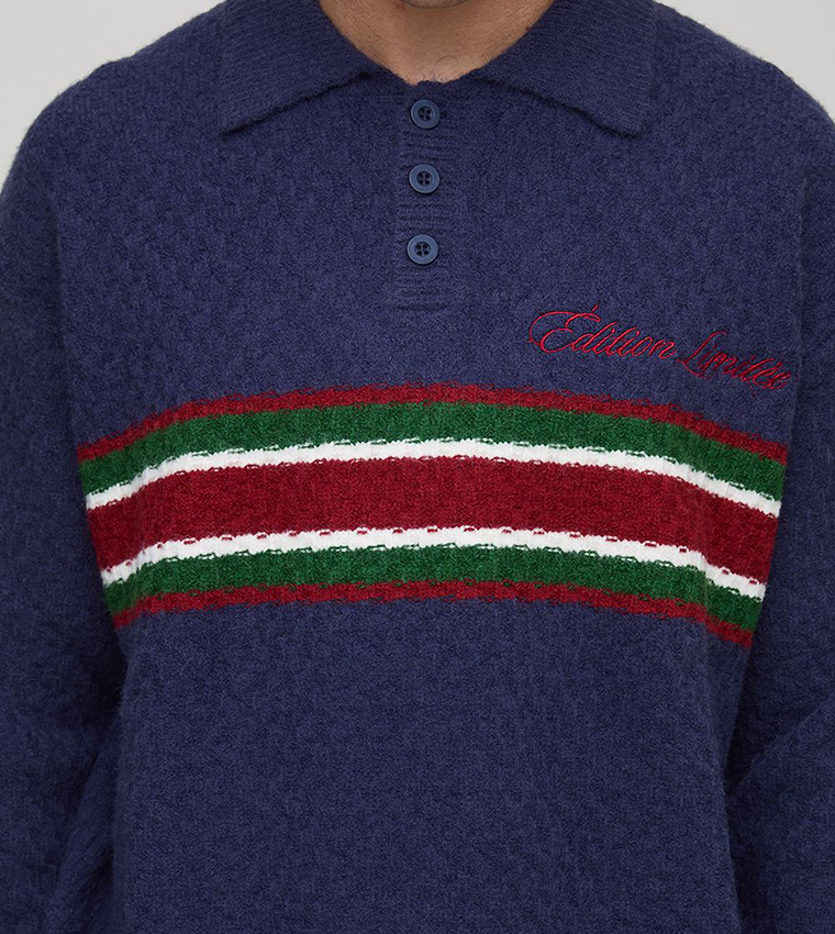 Embroidered Panel Oversized Polo Neck Sweater