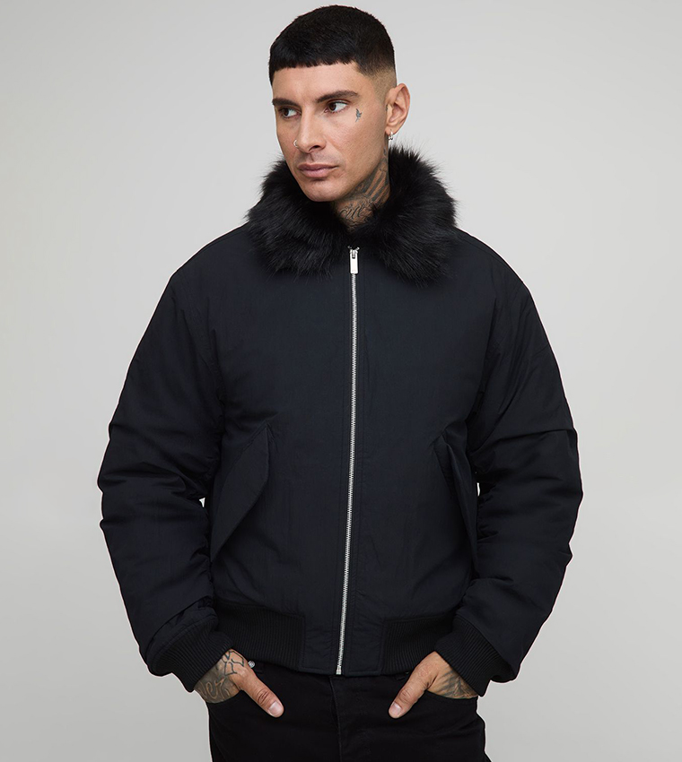 Tall Faux Fur Collar Regular Fit Bomber Jacket