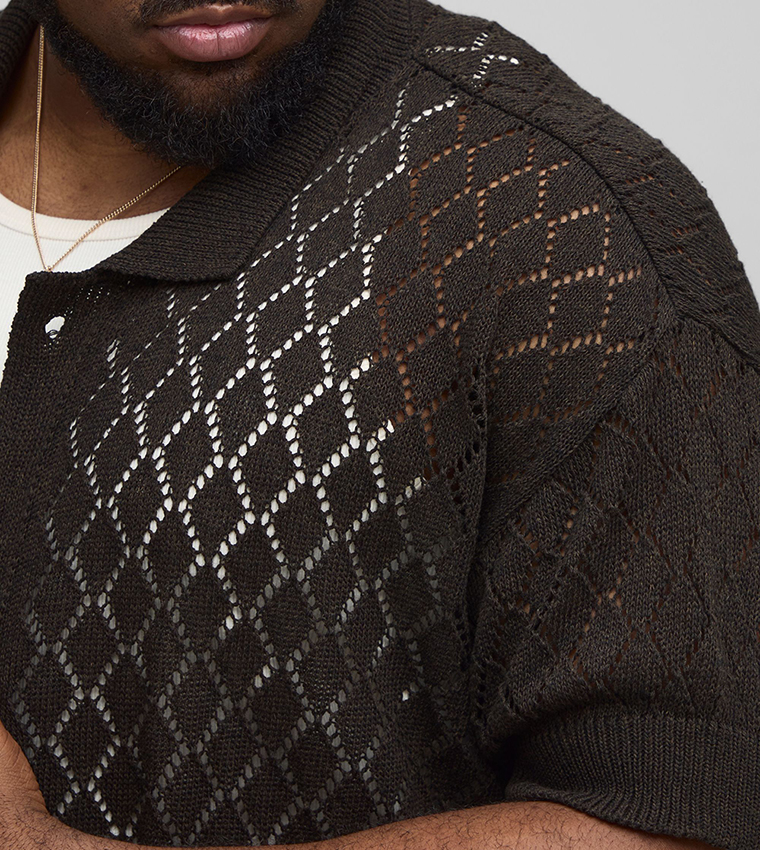 Open Stitch Crochet Short Sleeves Oversized Shirt